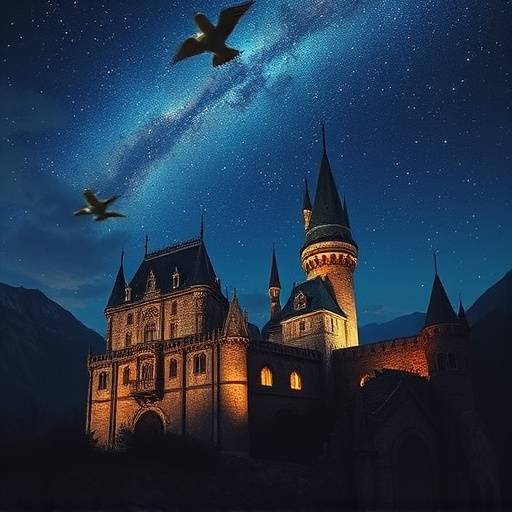 Castillo medieval bajo un cielo estrellado en Extremadura.