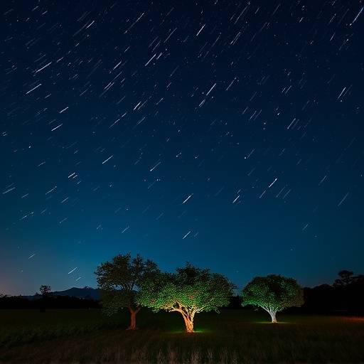 Fotograf&radic;&ne;a de larga exposici&radic;&ge;n de una lluvia de estrellas sobre la dehesa extreme&radic;&plusmn;a con encinas iluminadas