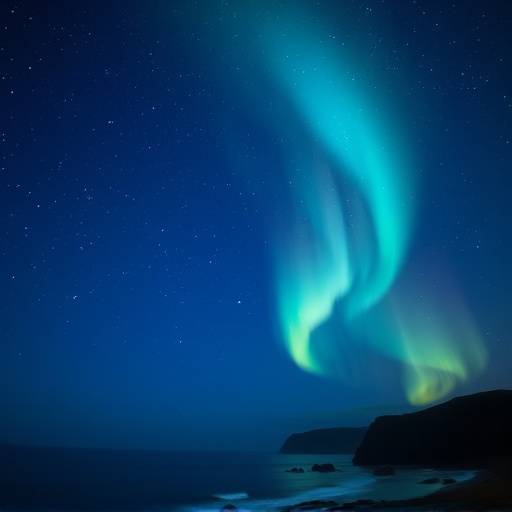 Fotograf&radic;&ne;a del cielo nocturno con auroras boreales sobre la costa gallega.
