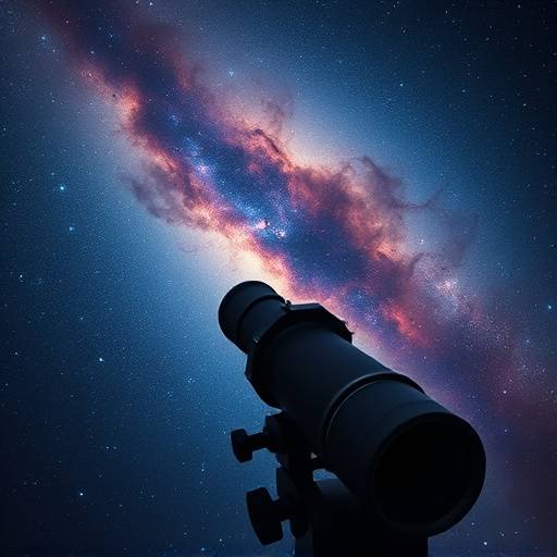 Fotograf칤a de un telescopio de alta potencia apuntando al cielo nocturno, capturando una nebulosa distante con colores vibrantes.