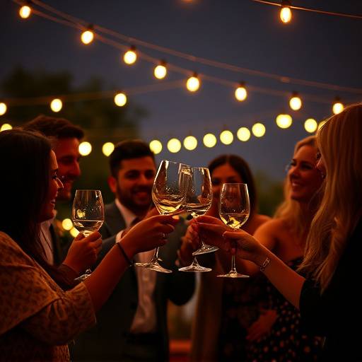 Grupo de participantes brindando bajo las estrellas con copas de vino durante un evento exclusivo de AstroViajes Iberia.