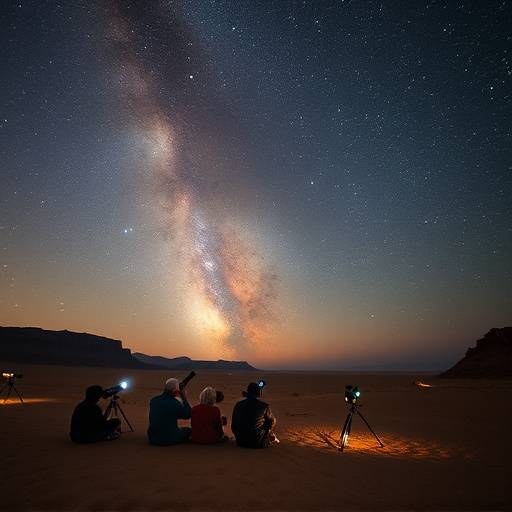 Grupo de personas observando las estrellas a trav칠s de un telescopio durante un retiro astron칩mico en el desierto.