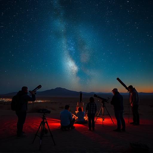 Grupo de personas observando las estrellas a trav칠s de telescopios durante una aventura nocturna guiada por un experto en astronom칤a en el desierto de Almer칤a.