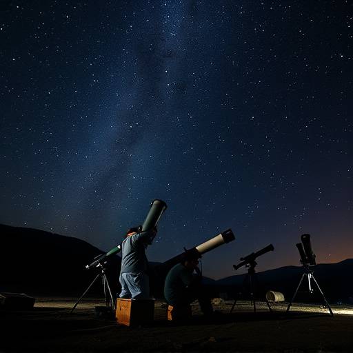 Grupo de personas observando las estrellas con telescopios durante una noche estrellada en Sierra Nevada