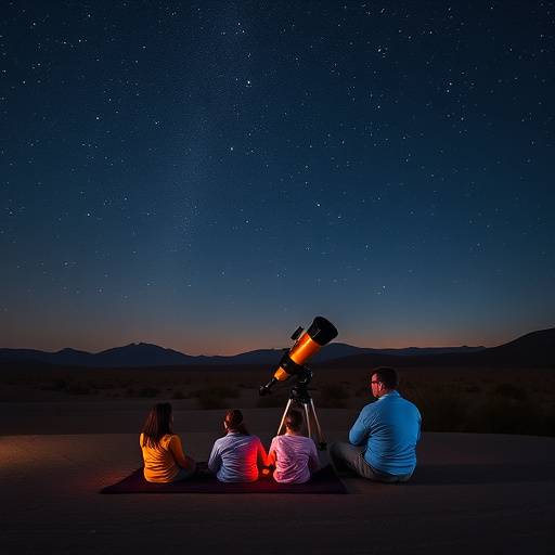 Grupo de personas observando las estrellas en el desierto durante la noche con un telescopio