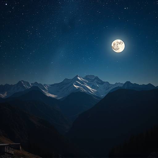 Imagen de un paisaje monta침oso en Sierra Nevada con un cielo estrellado impresionante y la luna llena iluminando el pico m치s alto.