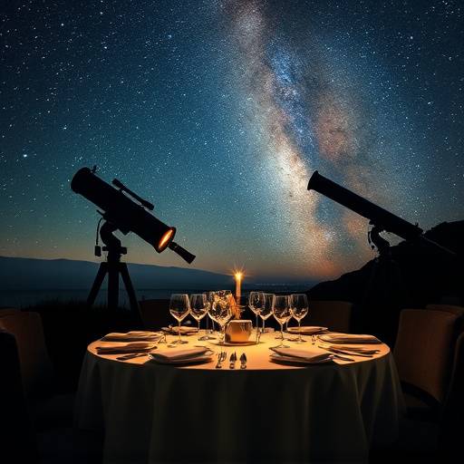 Mesa elegantemente dispuesta para una cena tem치tica bajo las estrellas con telescopios en segundo plano