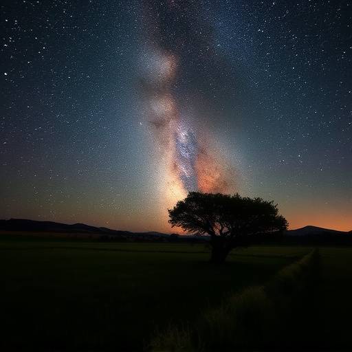Paisaje nocturno con la V&radic;&ne;a L&radic;&deg;ctea sobre un campo de encinas en la dehesa extreme&radic;&plusmn;a