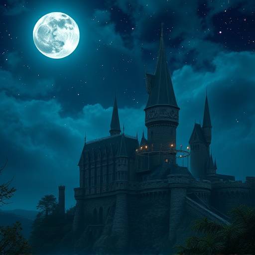 Paisaje nocturno con un antiguo castillo iluminado tenuemente por la luz de la luna y las estrellas, creando un ambiente m치gico y misterioso.