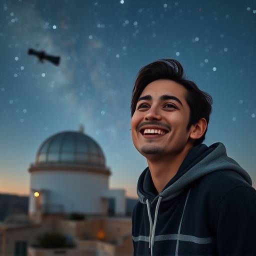 Un participante sonriendo mientras observa las estrellas a trav칠s de un telescopio en el Observatorio Astron칩mico de Calar Alto, Almer칤a.