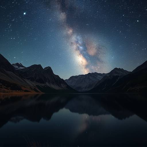 Una panor치mica nocturna del cielo estrellado reflejado en las aguas tranquilas de un lago de monta침a en los Pirineos.