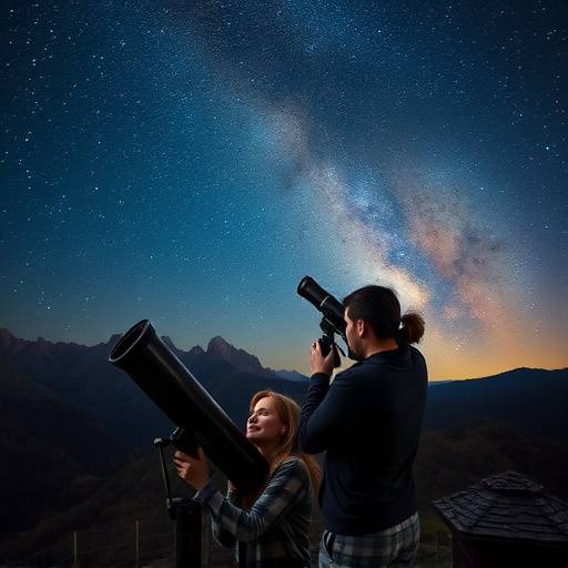 Una pareja observando las estrellas a trav&radic;&copy;s de un telescopio en el Pirineo Aragon&radic;&copy;s.