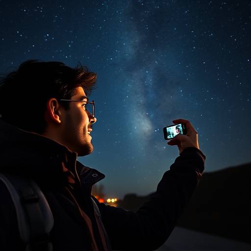 Una persona tomando una selfie con el cielo estrellado de fondo durante una excursi칩n nocturna en uno de los retiros de AstroViajes Iberia.