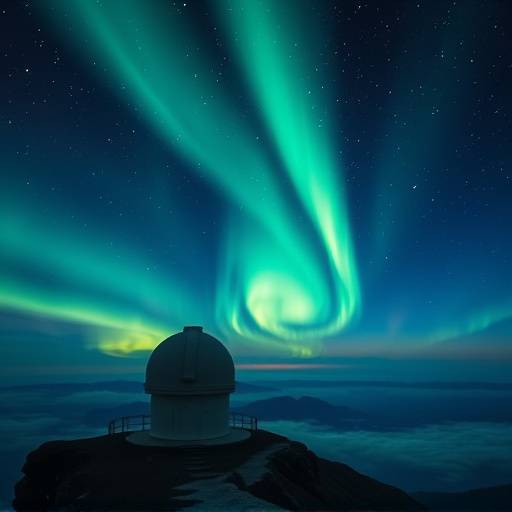 Vista de la aurora boreal desde un observatorio de monta침a en Espa침a durante un evento raro de actividad solar intensa.