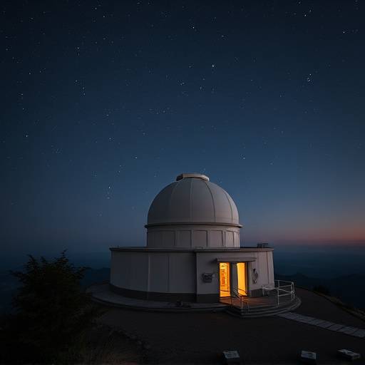 Vista exterior de un observatorio astron贸mico en la cima de una monta帽a